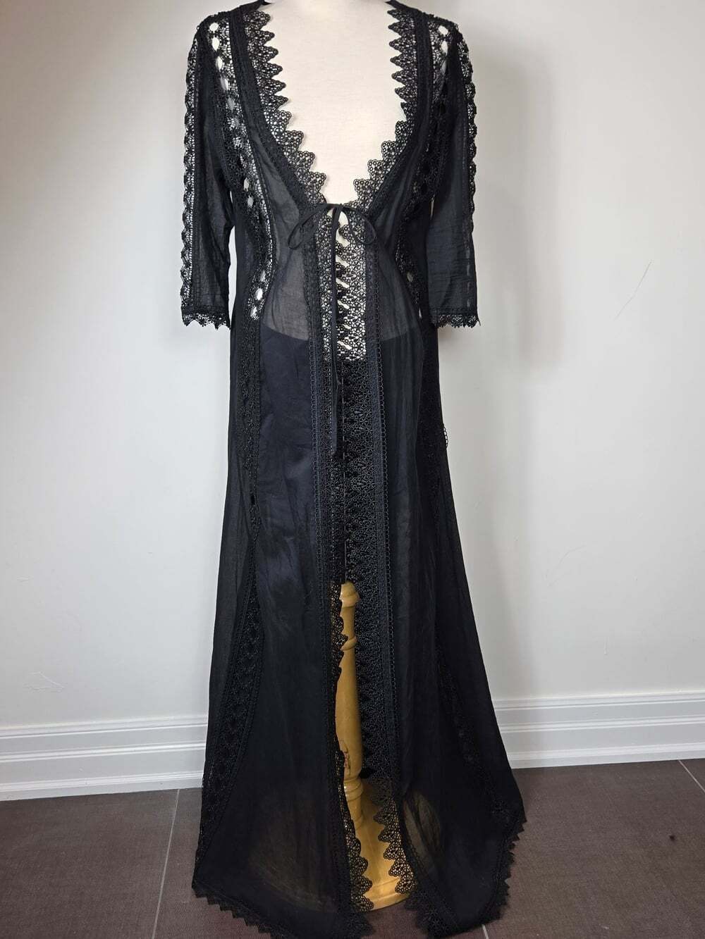 Charo Ruiz Ibiza Ali Lace Sheer Maxi Kimono Cover Up Black S Boho Luxury Resort - Picture 5 of 11